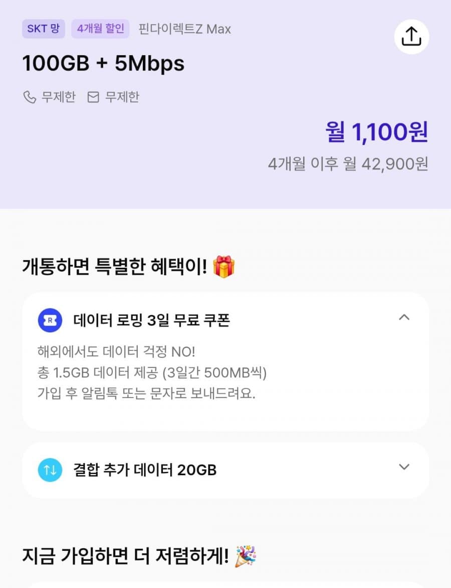 핀다이렉트 100GB 5Mbps