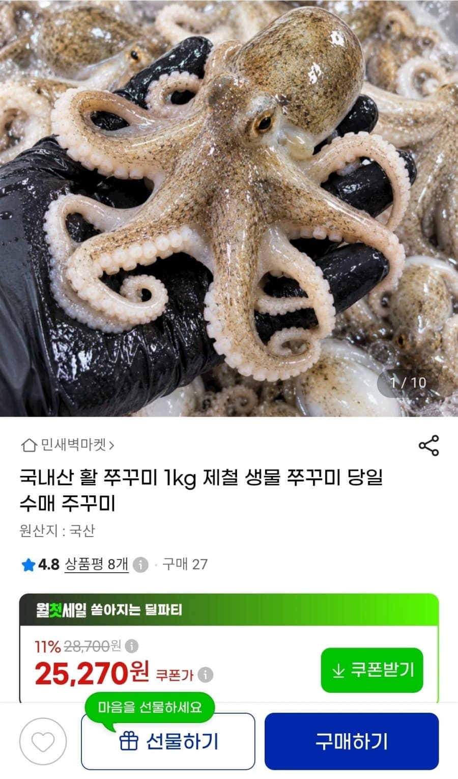 국내산 활 쭈꾸미 1kg