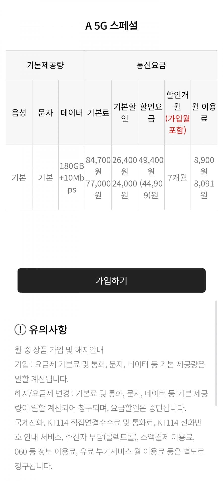 U+알뜰폰 5G 180GB 요금제