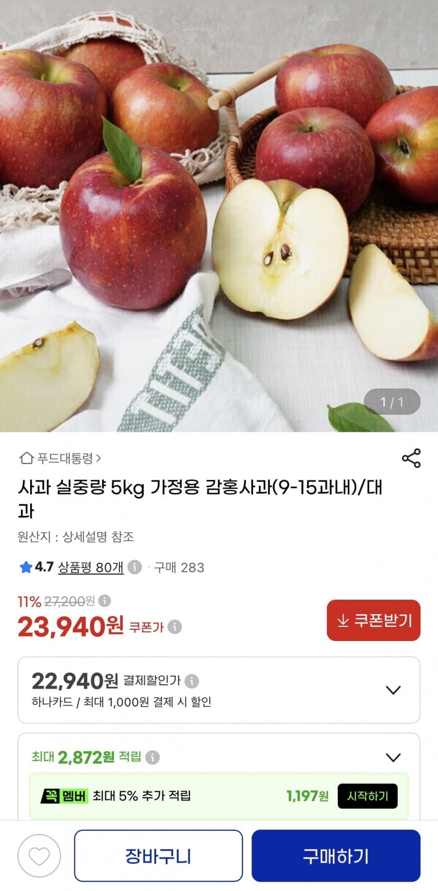 감홍사과 5kg 대과