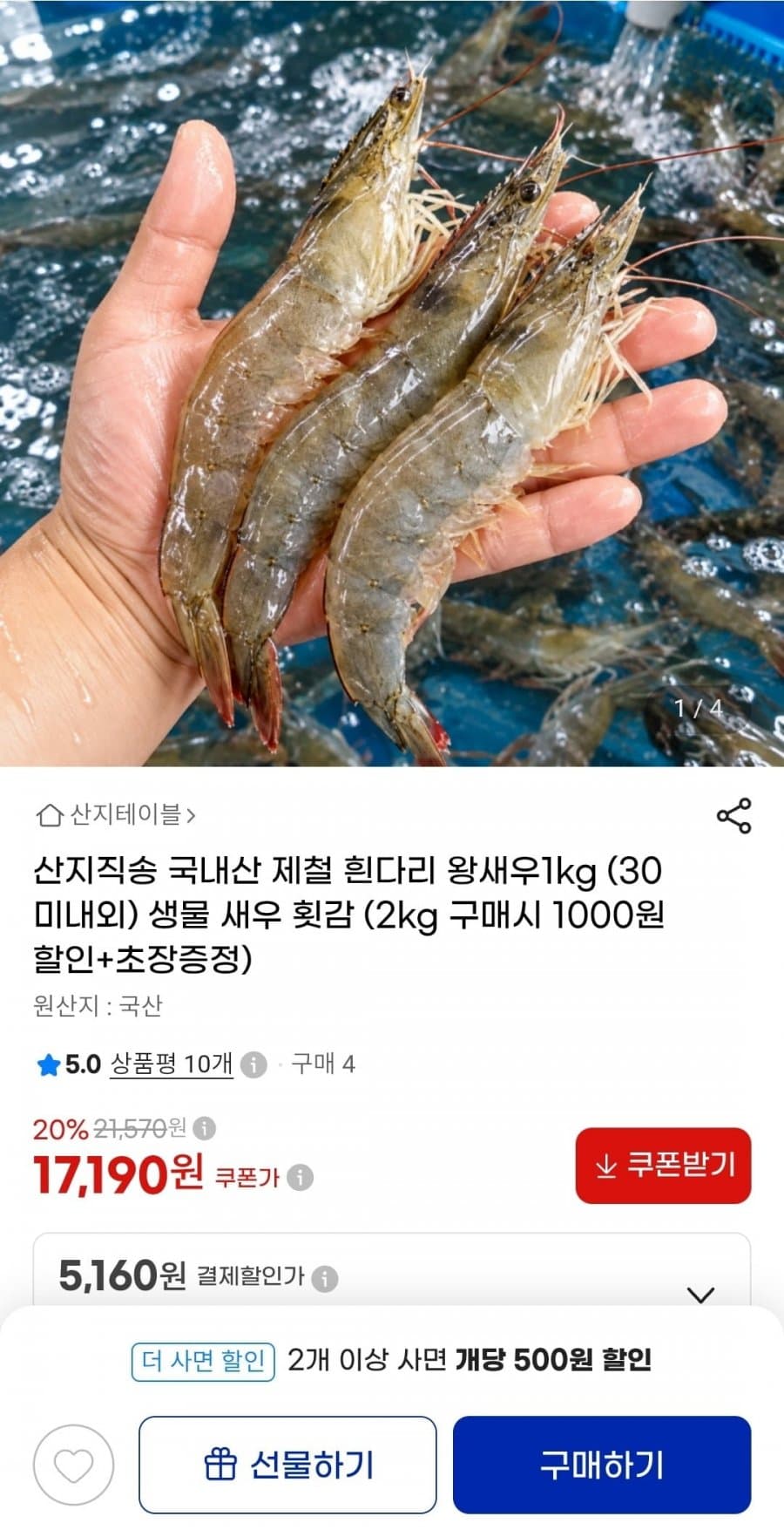 국내산 활새우 1kg 왕새우