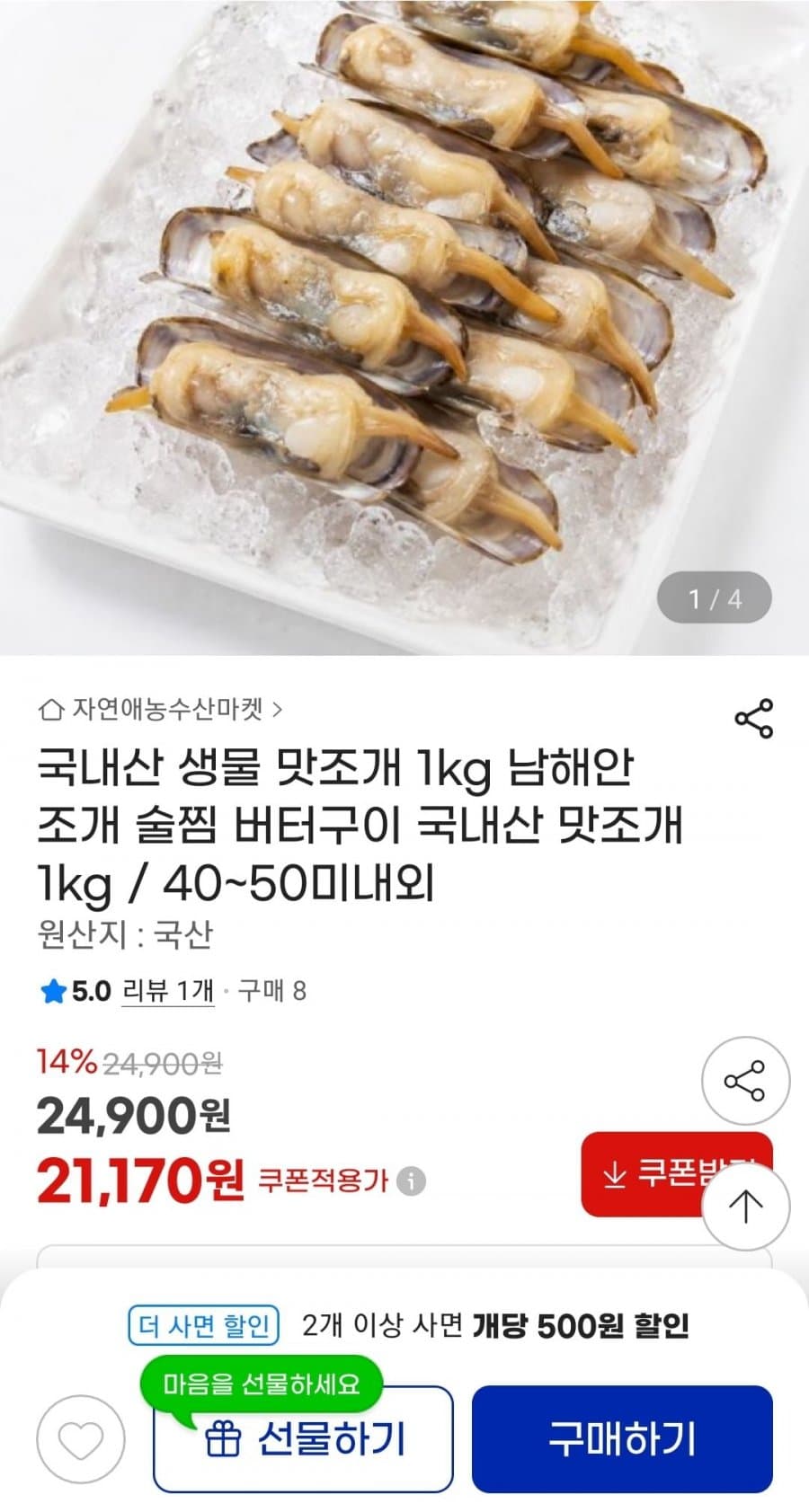 국내산 맛조개 1kg 40~50미내외