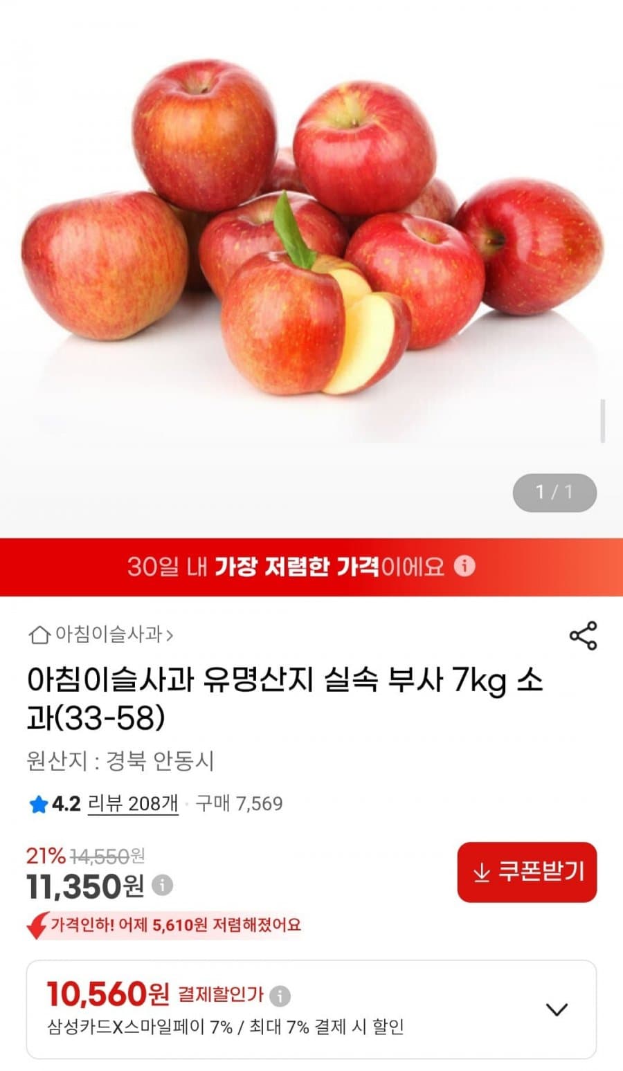 유명산지 실속 경북 부사사과 소과 7kg(33-60)