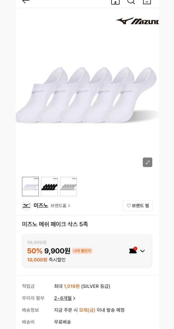 미즈노 메쉬 페이크삭스 5족