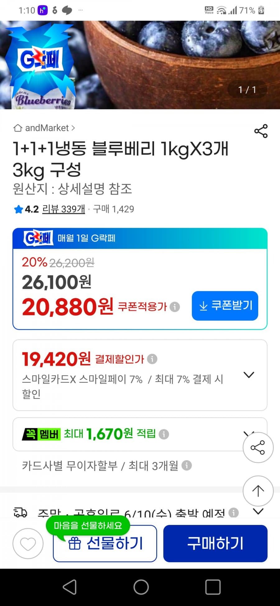 냉동 블루베리 1kg 3개