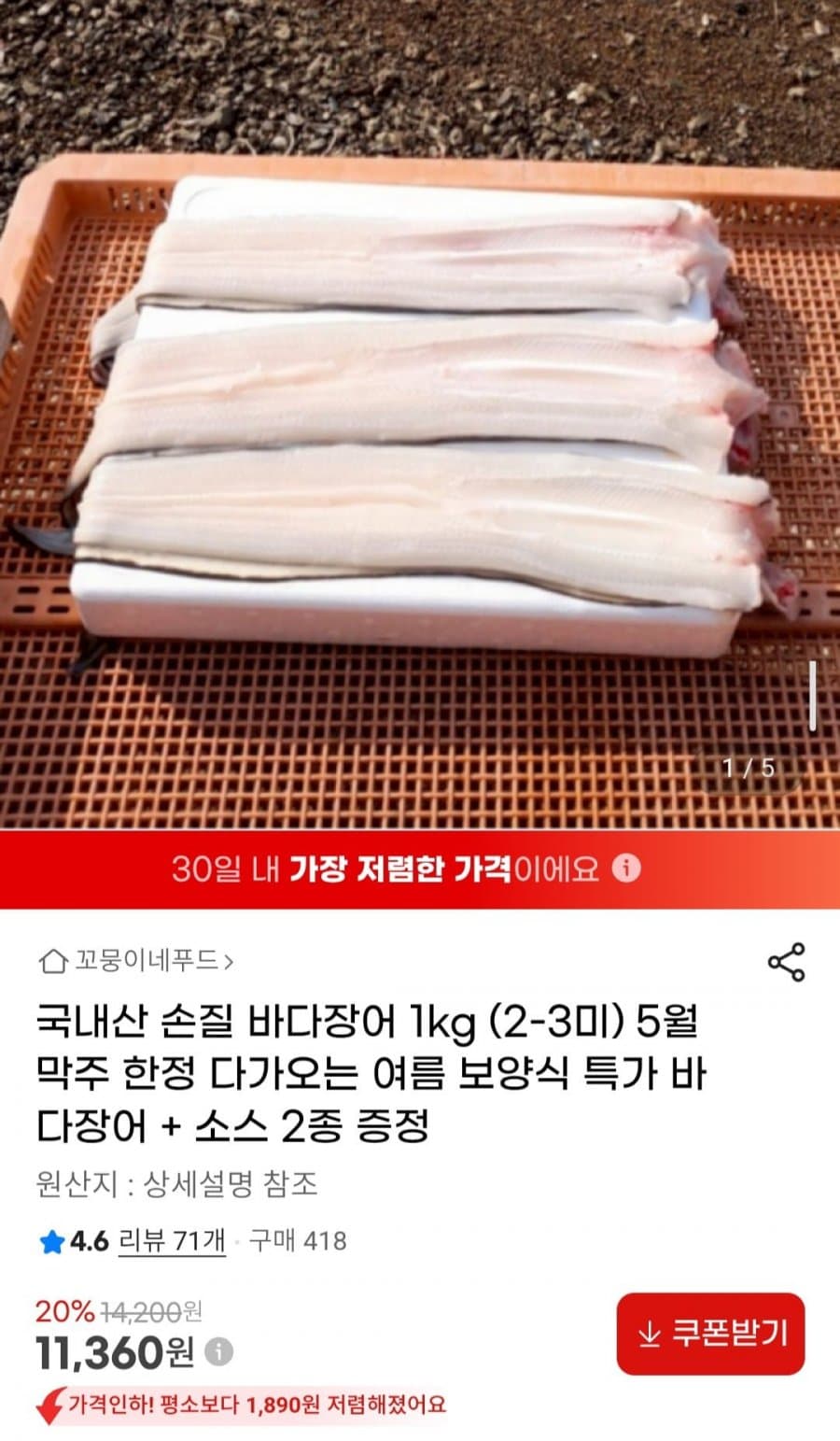 국내산 손질 바다장어 1kg (2-3미) 손질후 뼈머리 포함 600g 내외 소스 2종 증정