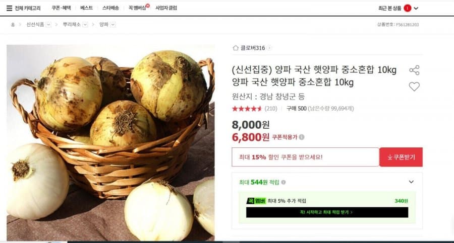 국산 햇양파 중소 10kg