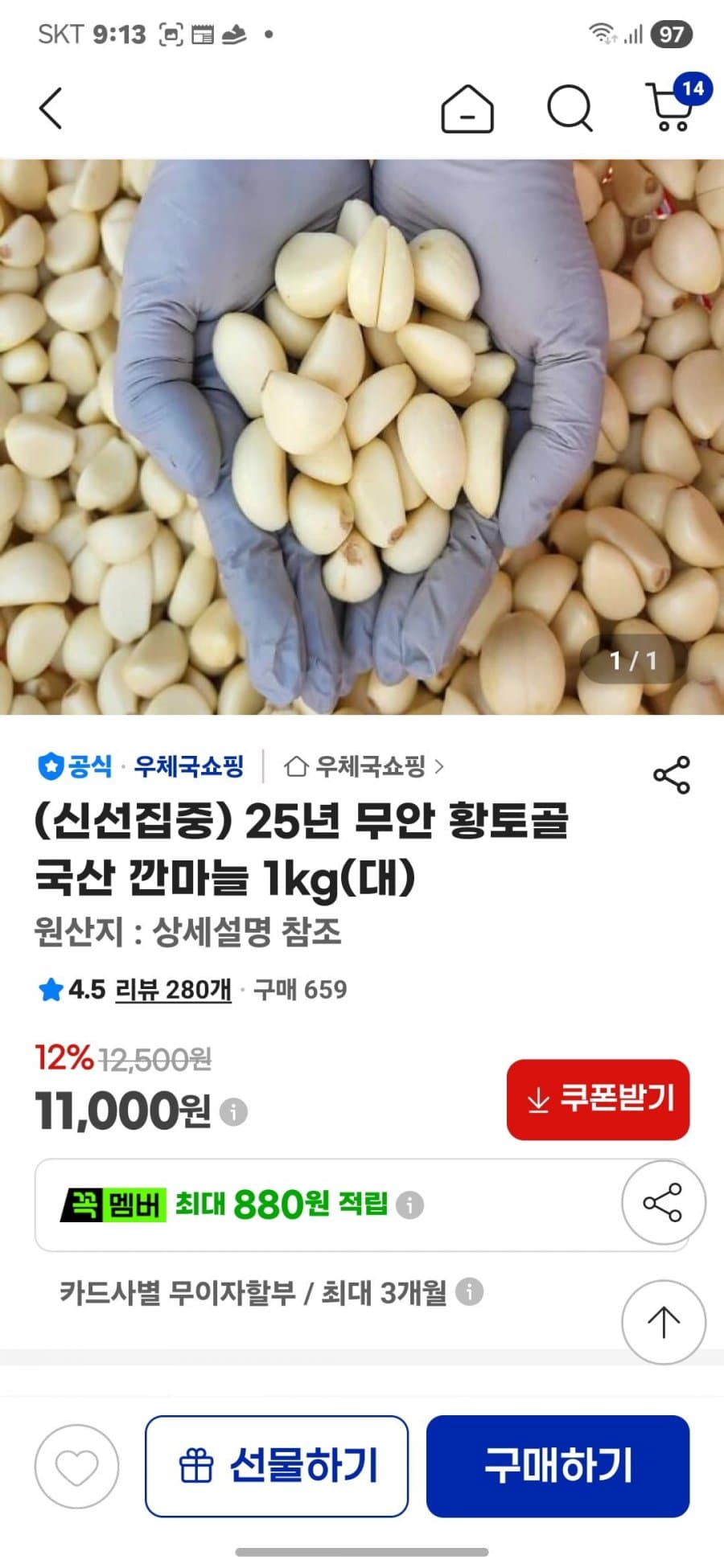 국산깐마늘 1kg 대사이즈