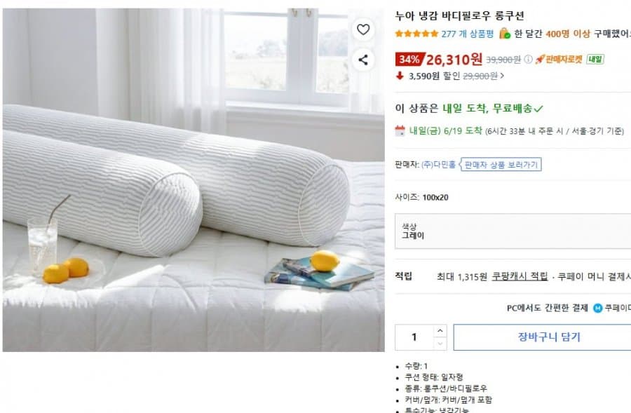 누아 냉감 바디필로우 롱쿠션