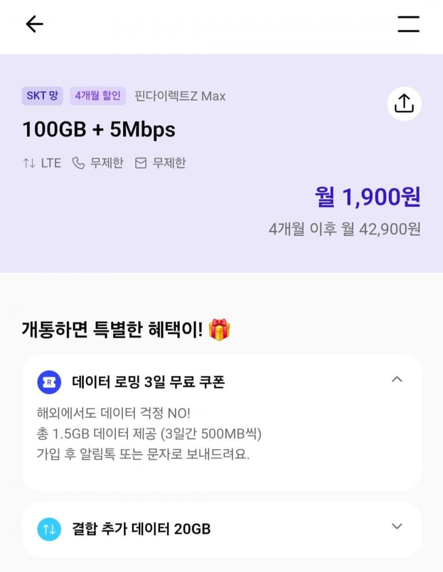 핀다이렉트 SKT망 100GB