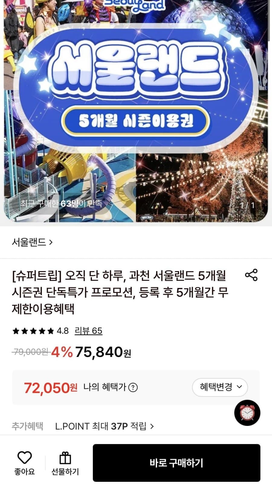 서울랜드 소인 5개월 시즌권