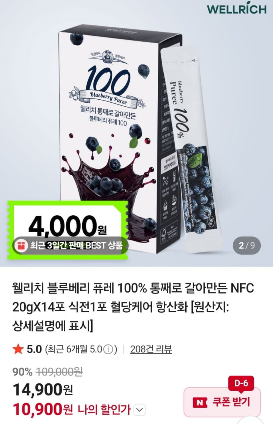 웰리치 블루베리 퓨레 100 14포