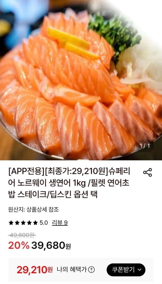 노르웨이 생연어 필렛 1kg