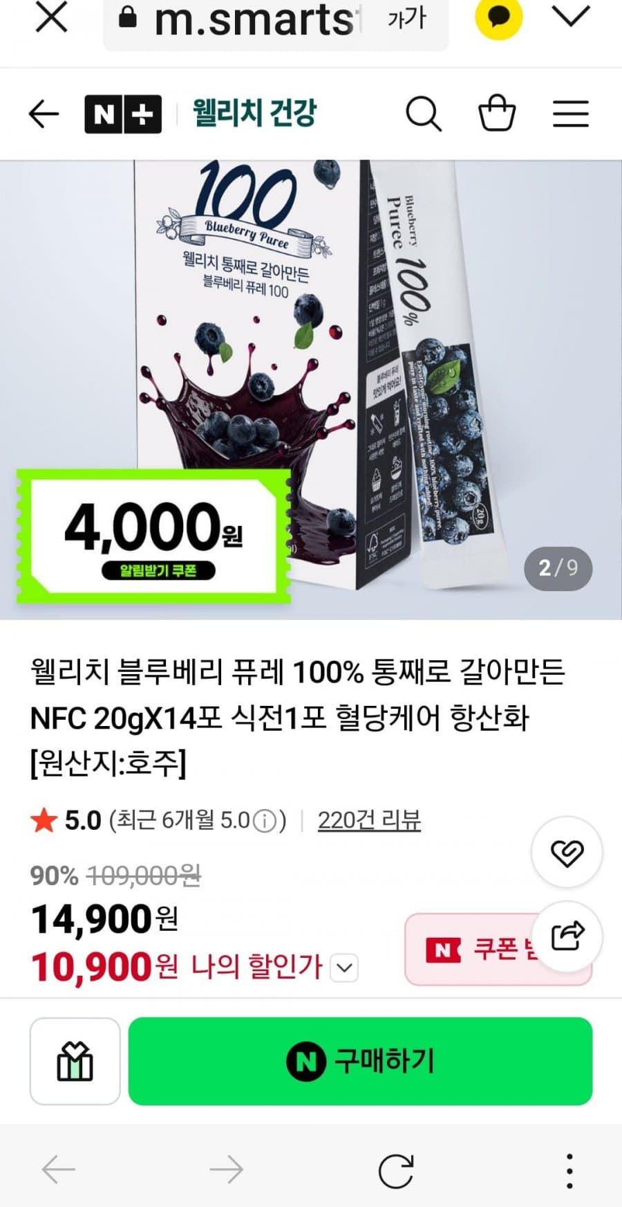 웰리치 블루베리 퓨레 14포