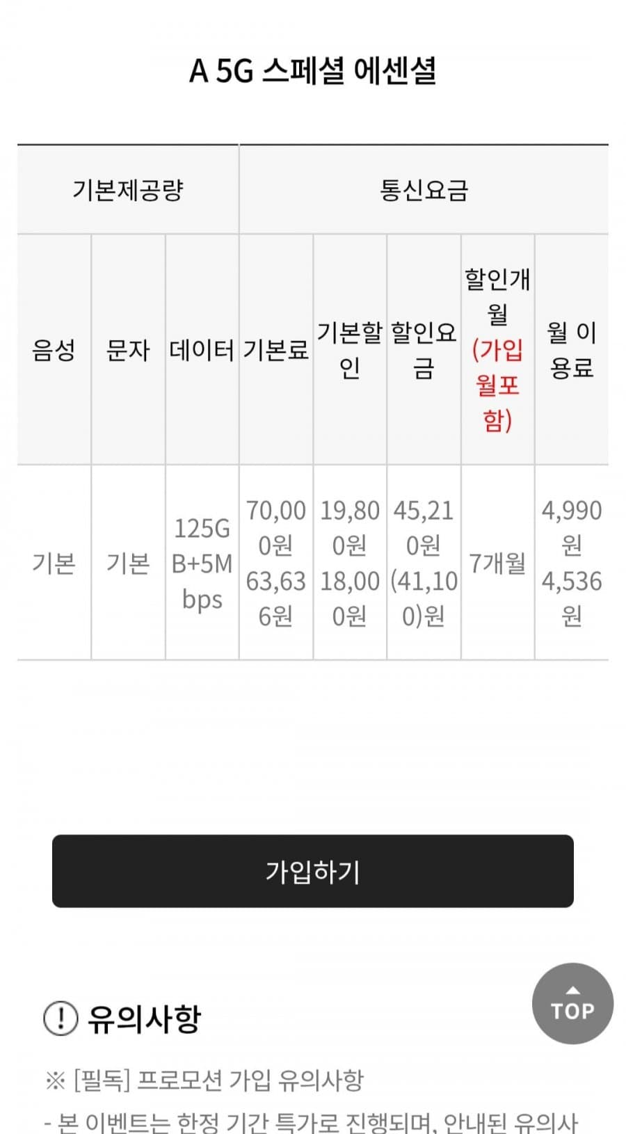 a모바일 LG망 125GB 4,990원