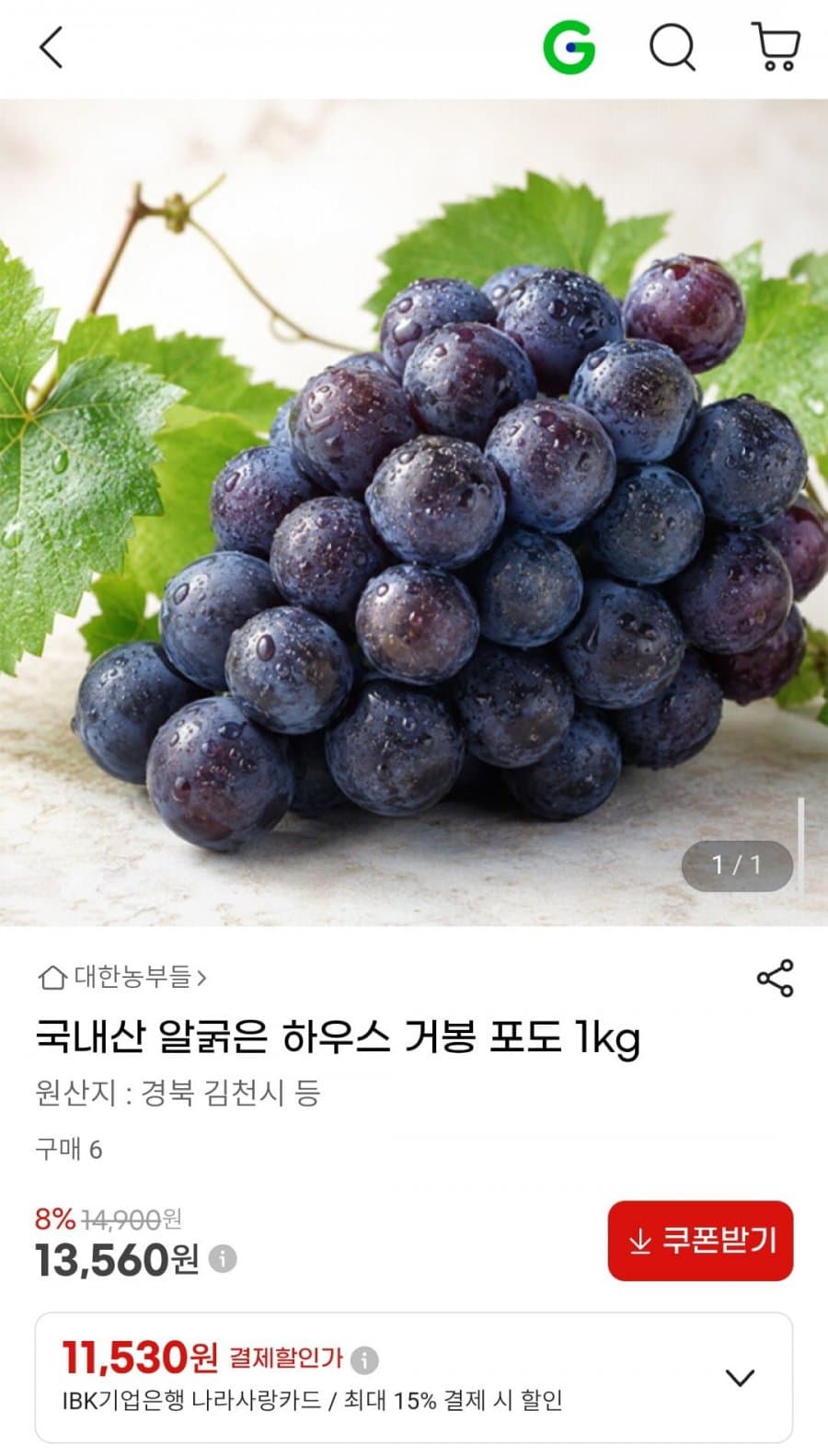 국내산 거봉 포도 1kg
