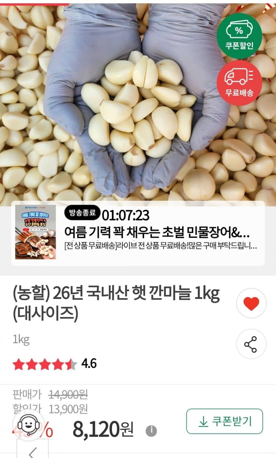 국산 깐마늘 대사이즈 1kg