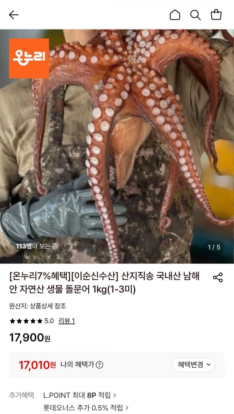 남해안 자연산 돌문어 1kg