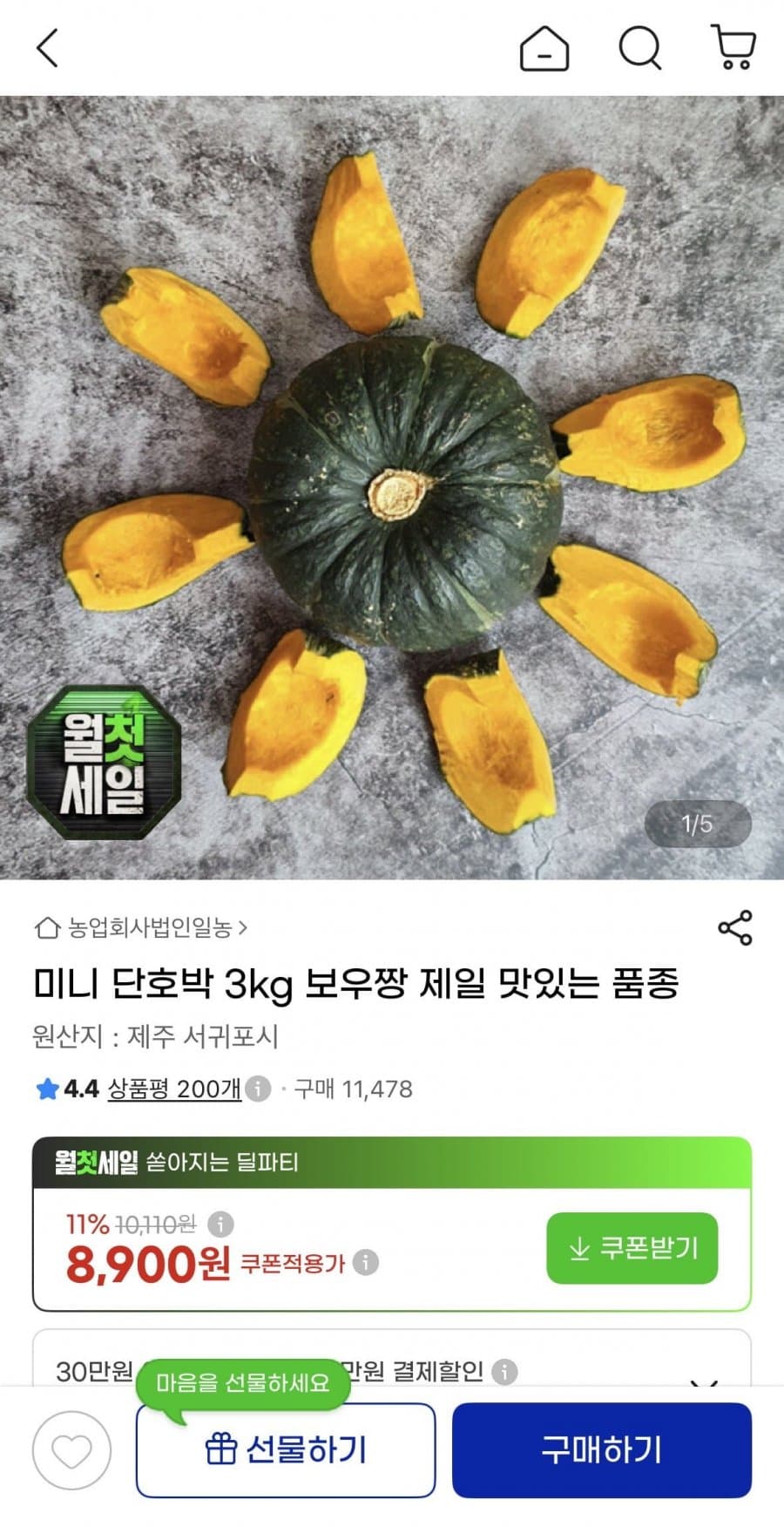 보우짱 제주 미니 단호박 3kg