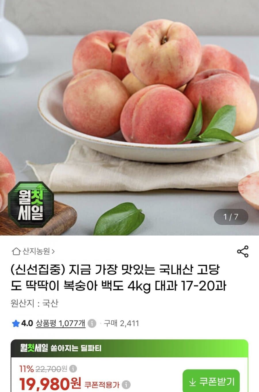 백도 복숭아 대과 4kg