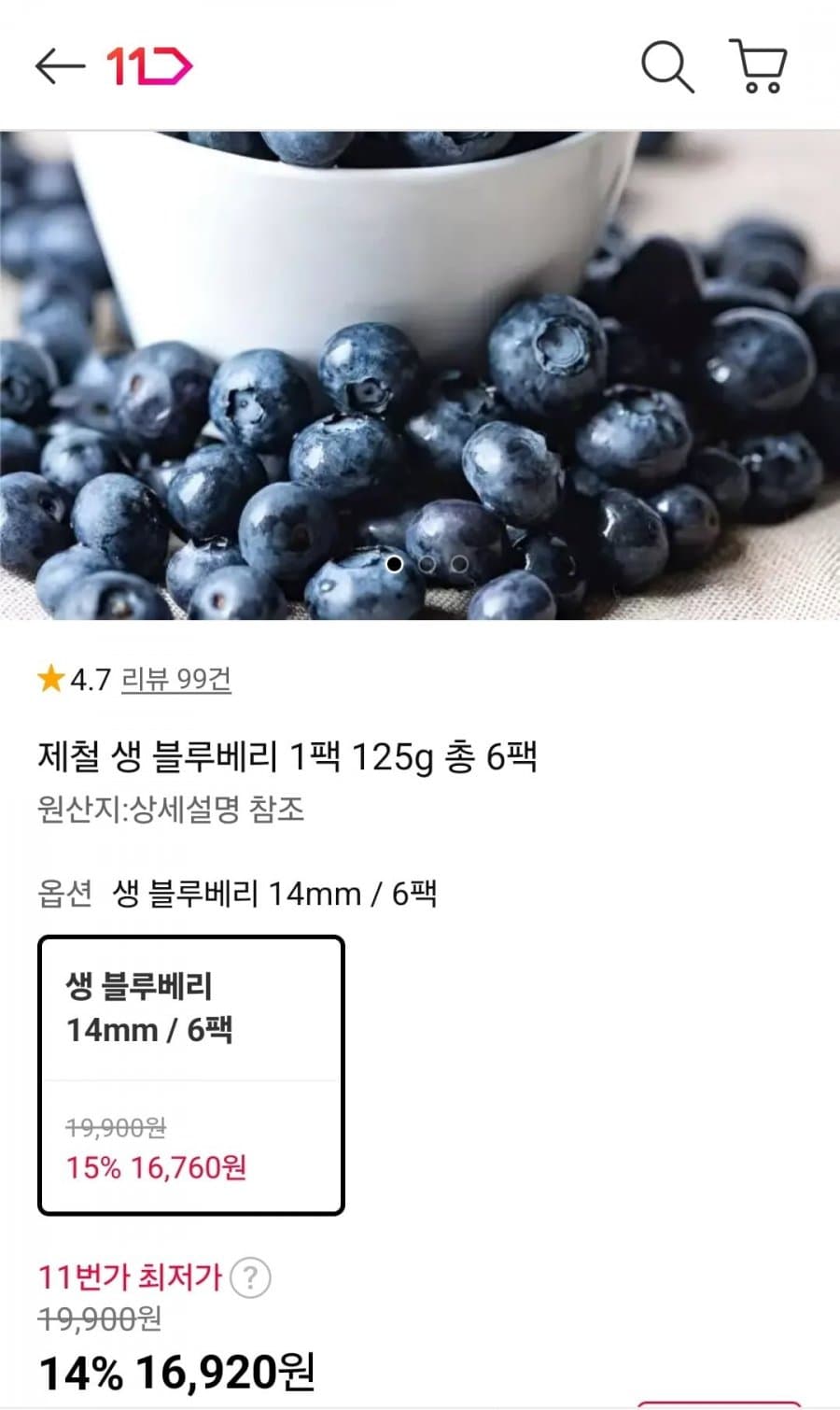 제철 생 블루베리 6팩