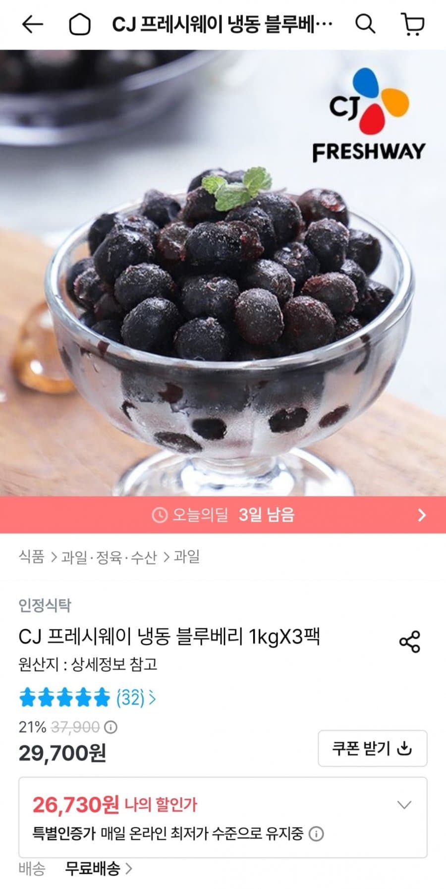 CJ프레시웨이 냉동 블루베리 1kg 3팩