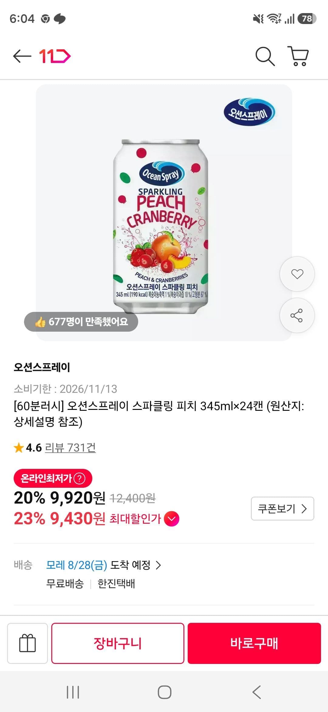 오션스프레이 스파클링 피치 24캔
