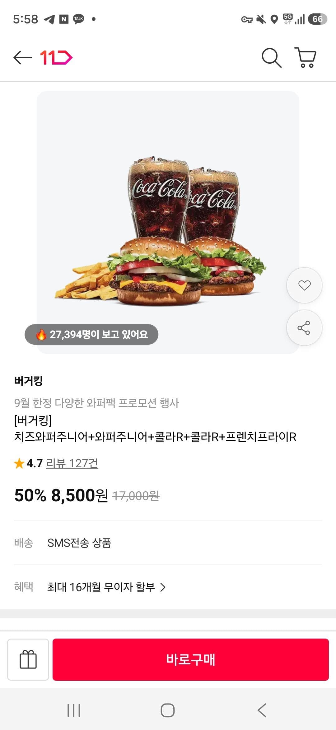 버거킹 치즈와퍼주니어+와퍼주니어 세트
