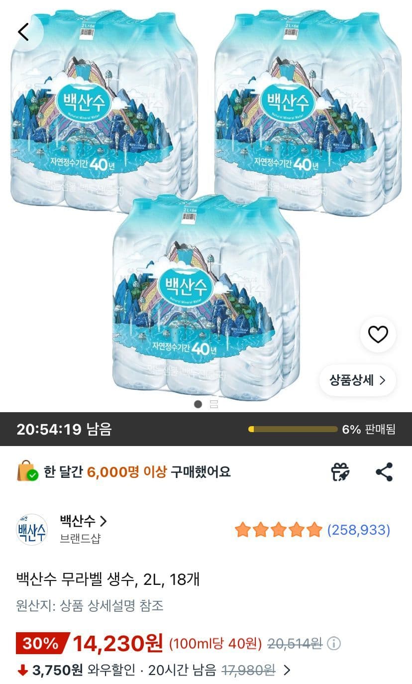 백산수 무라벨 생수 2L 18개