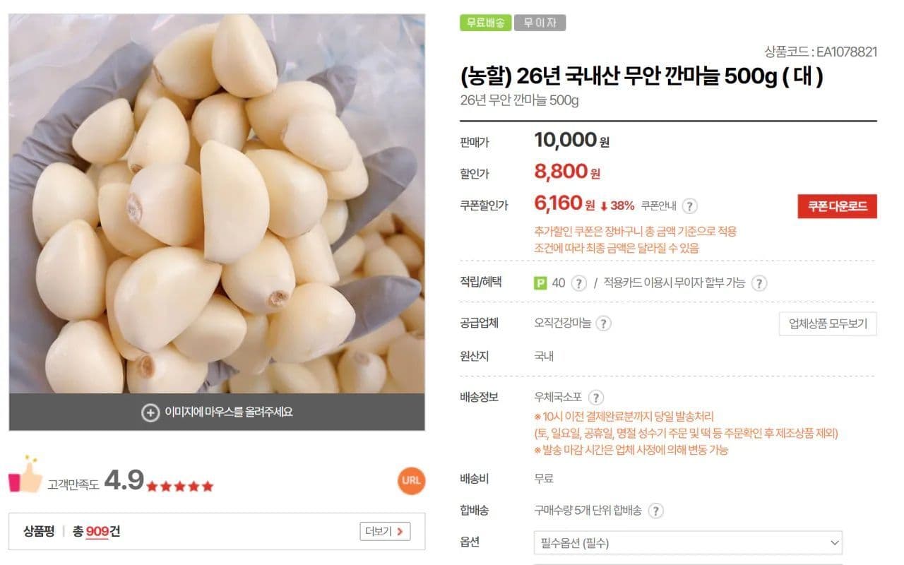 무안 깐마늘 500g