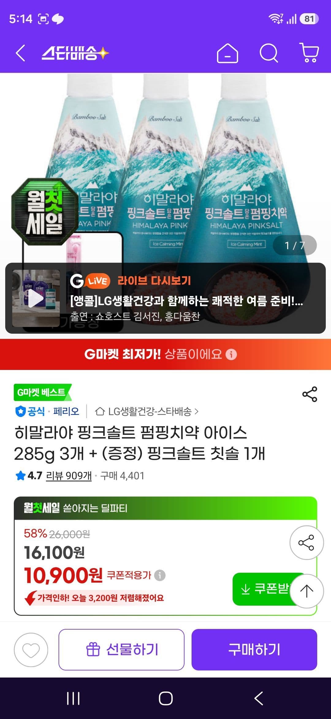 히말라야 핑크솔트 펌핑치약 285g