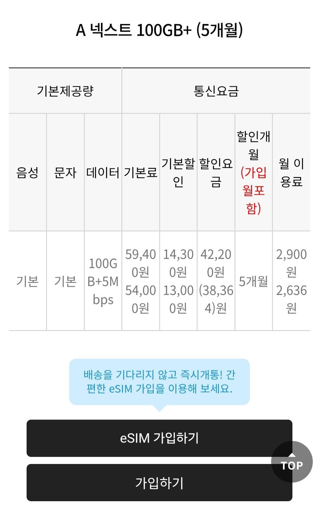 SKT 알뜰요금제 100GB 5개월
