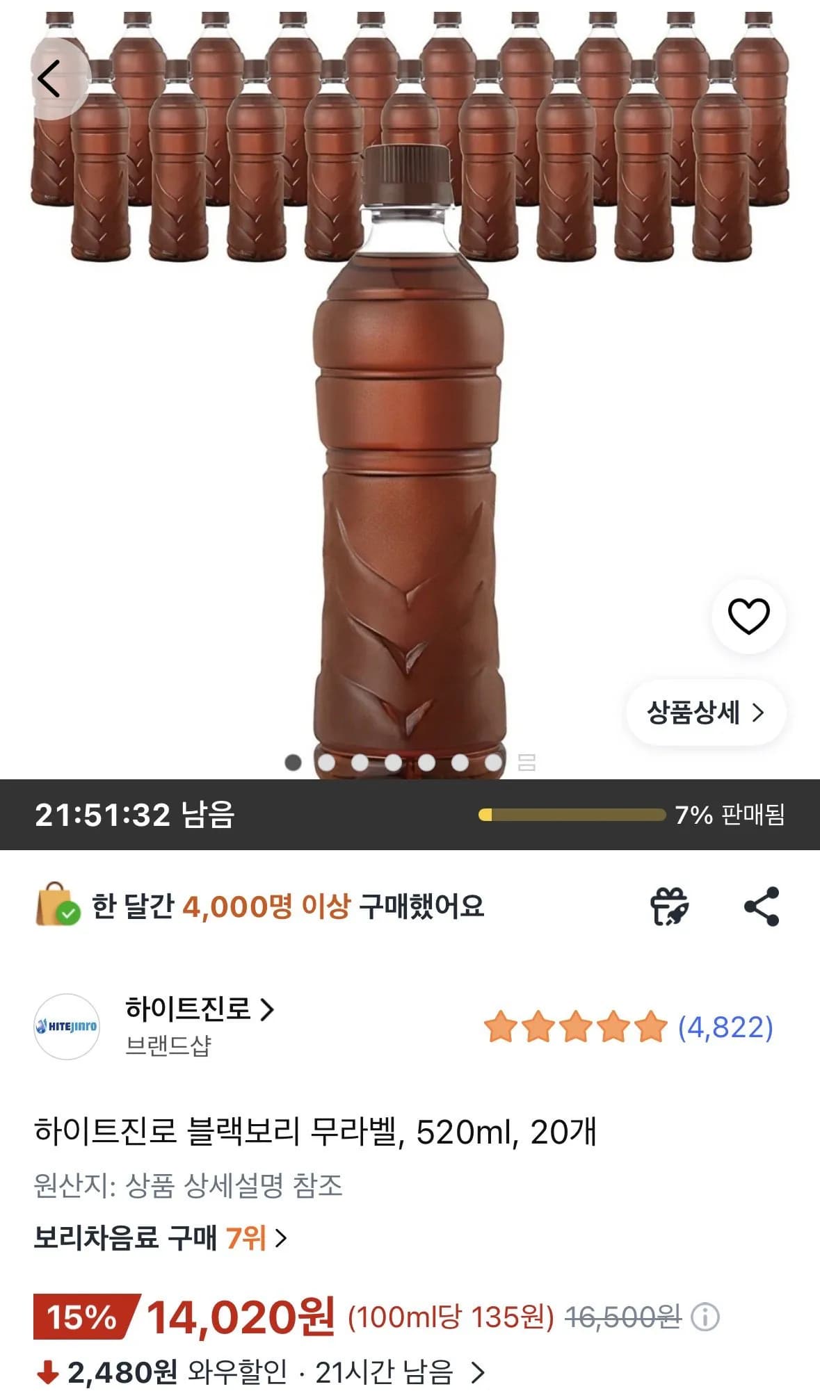 HiteJinro Blackbori No-Label 520ml 20 Pack