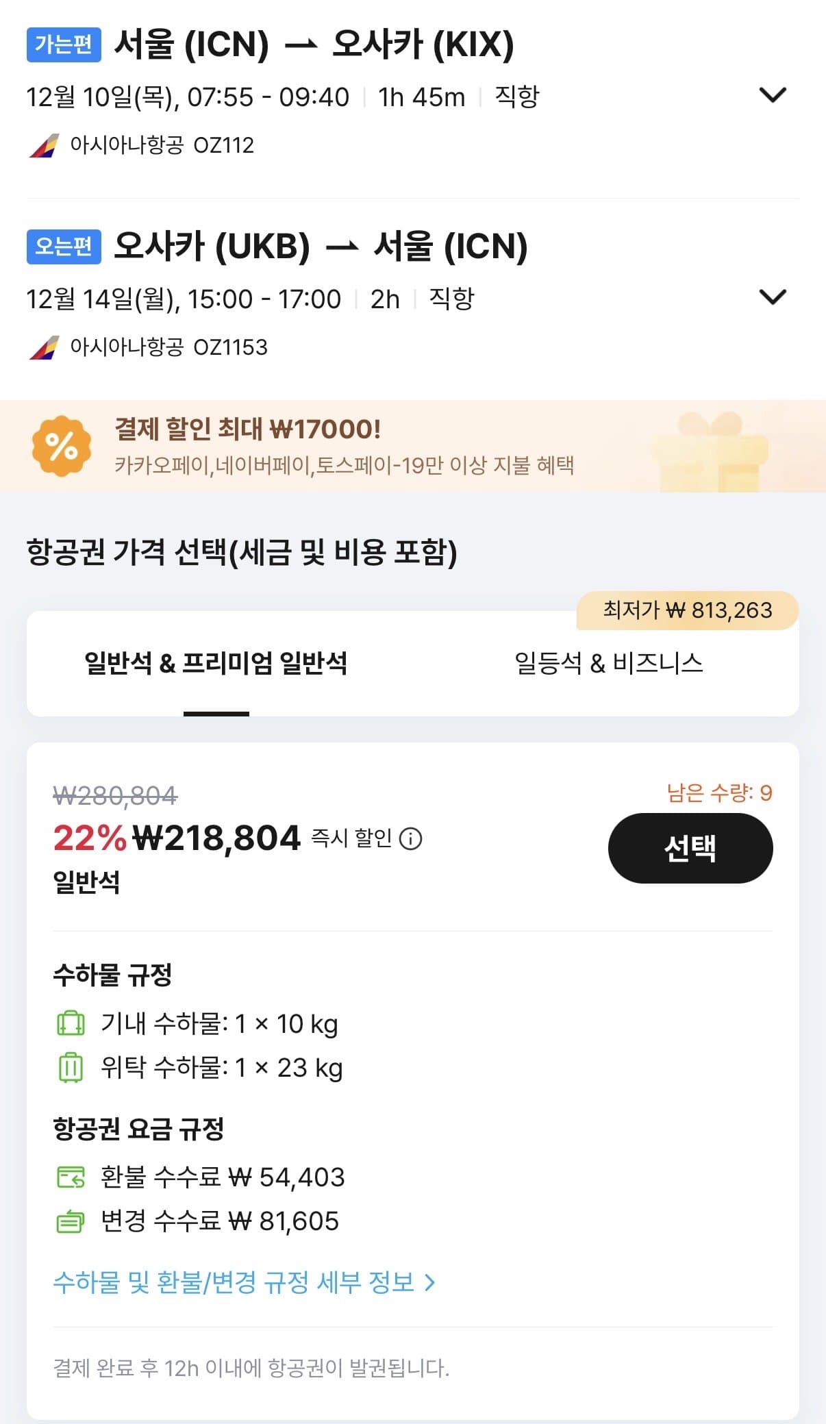 인천 오사카 왕복 항공권