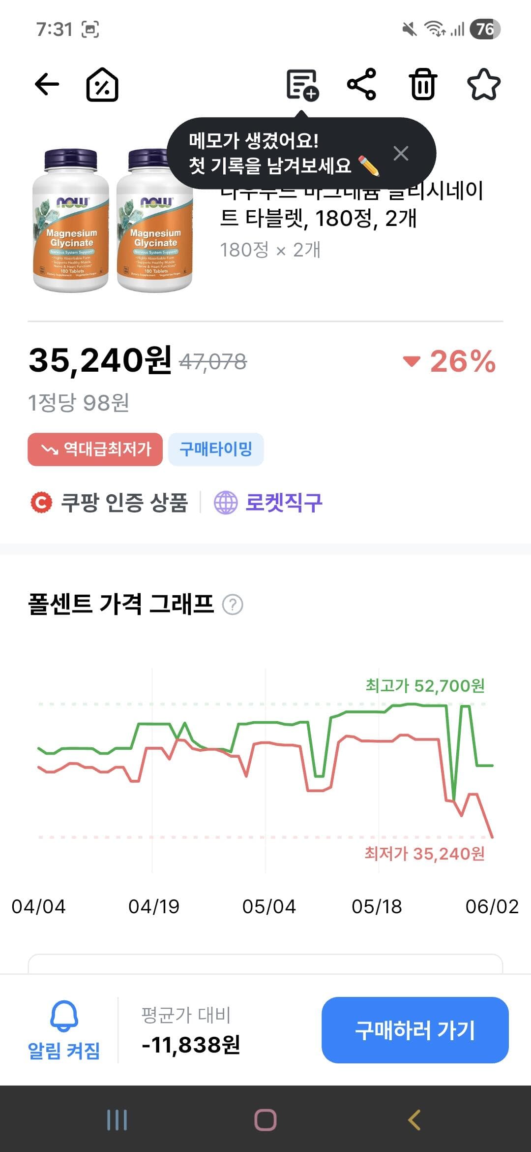 나우푸드 마그네슘 글리시네이트 180정 2개