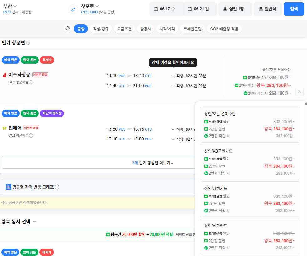 부산-삿포로 왕복 항공권