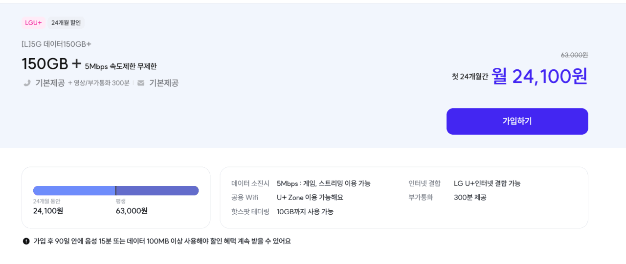 5G 150GB 모바일 요금제