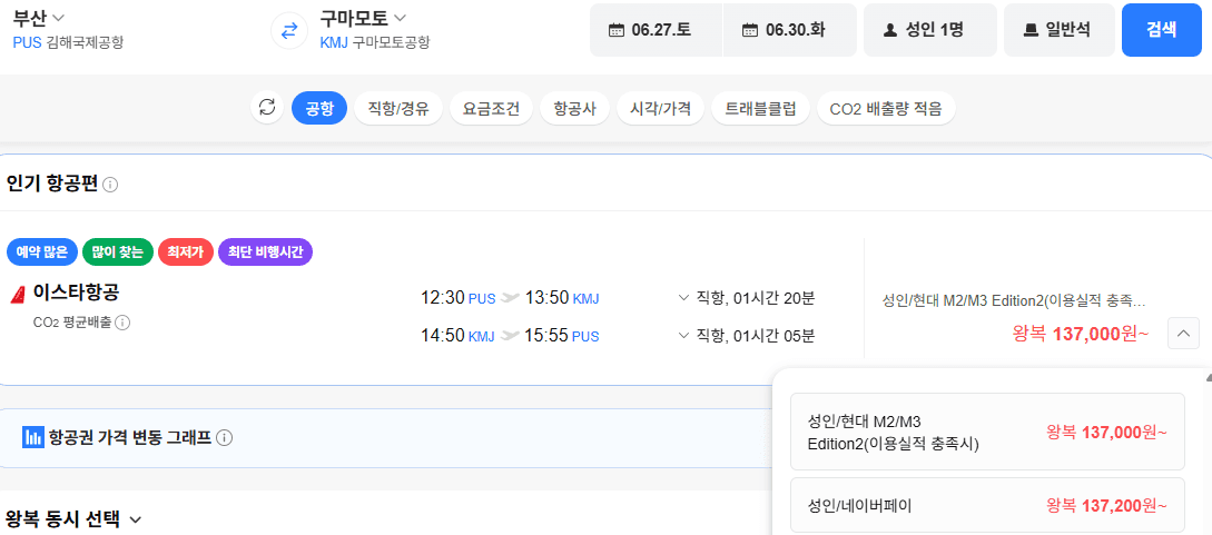 부산-구마모토 왕복 13.7만원