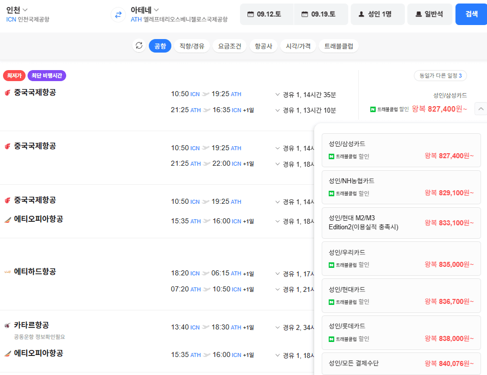 인천↔아테네 왕복 항공권