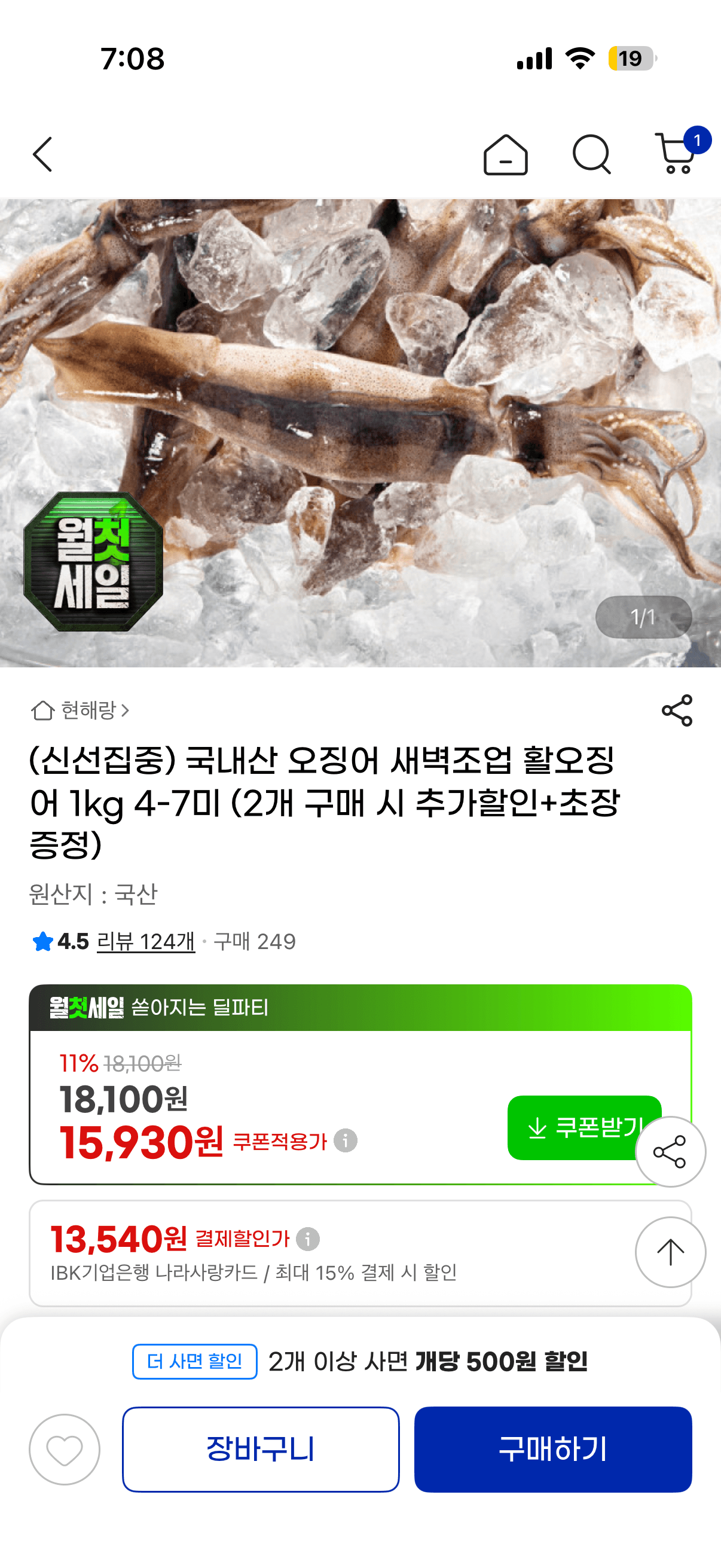 국내산 활오징어 1kg