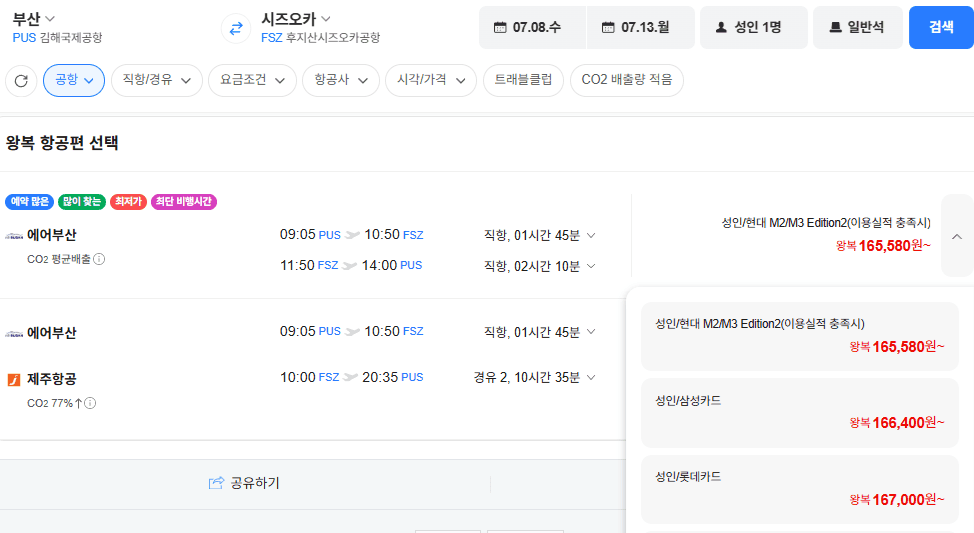 부산-시즈오카 왕복 항공권