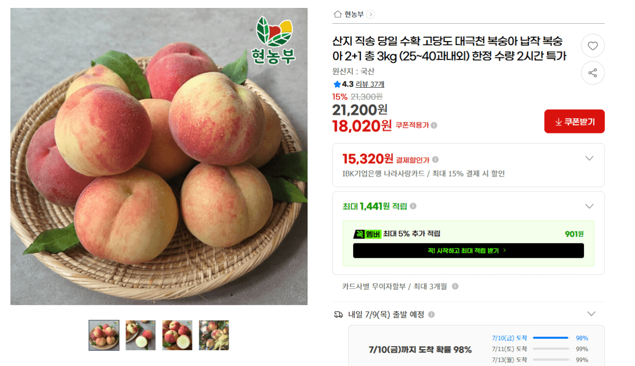 대극천 납작복숭아 3kg