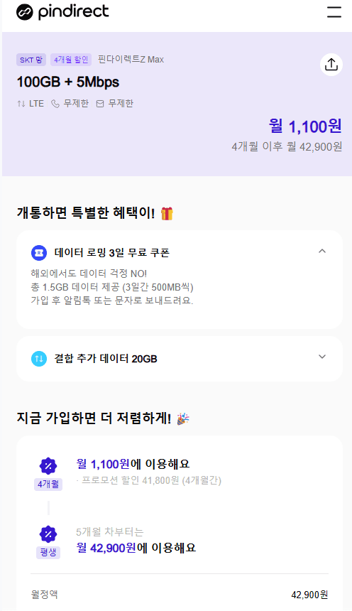 SKT망 알뜰폰 100GB 4개월
