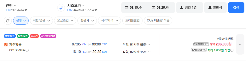 인천-시즈오카 왕복 항공권