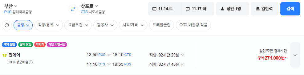 부산-삿포로 왕복 항공권