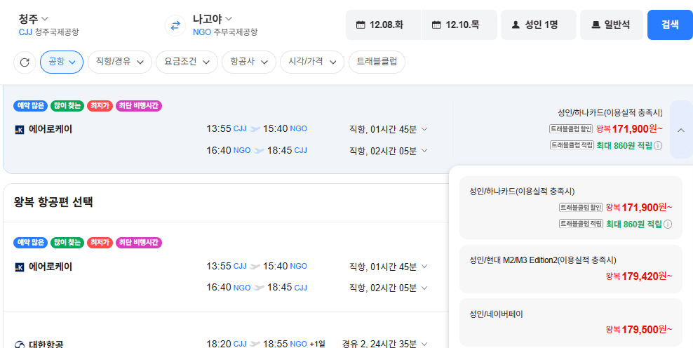 청주-나고야 왕복 항공권