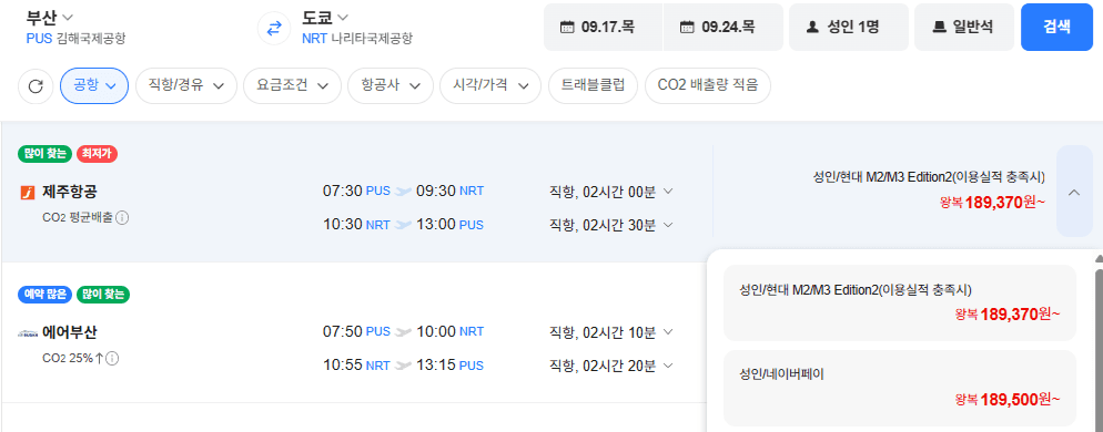 부산-도쿄 왕복 항공권