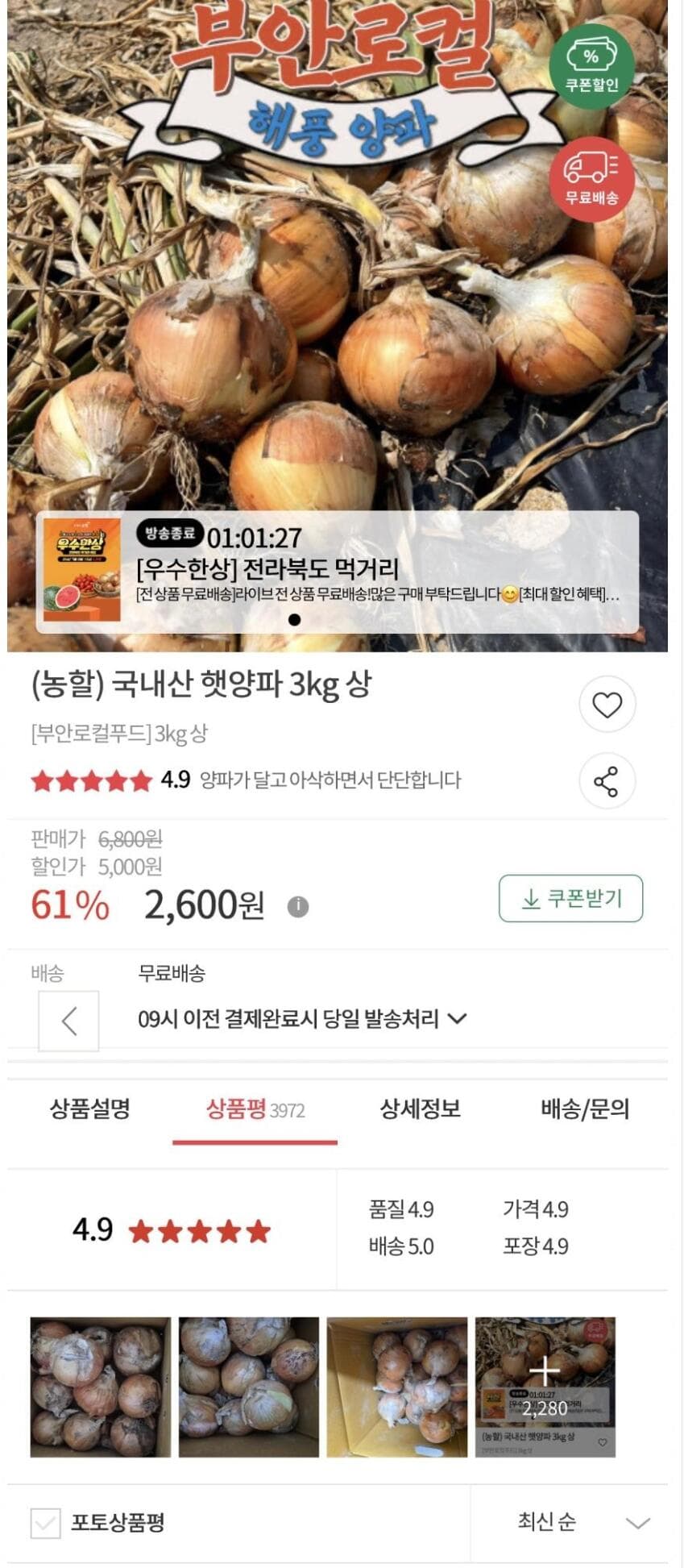 국내산 햇양파 3kg