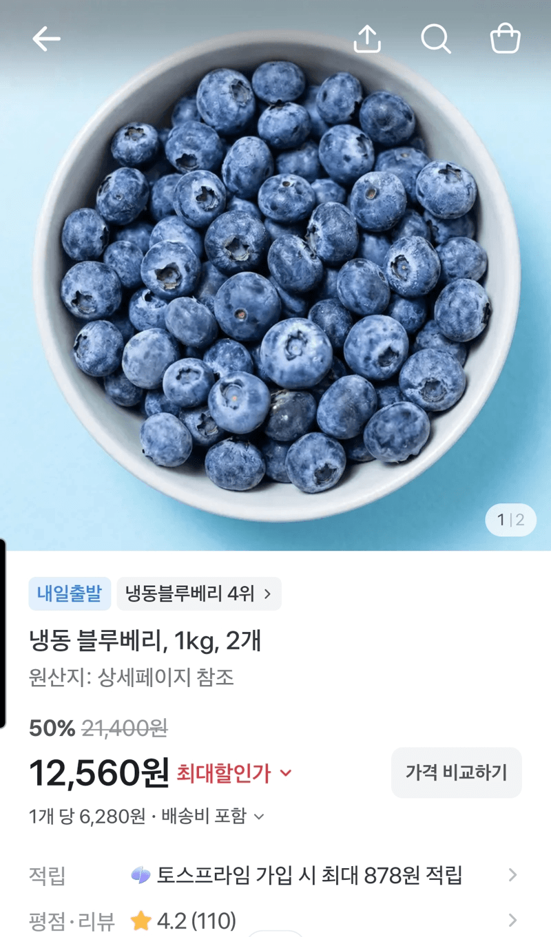 냉동 블루베리 1kg 2개