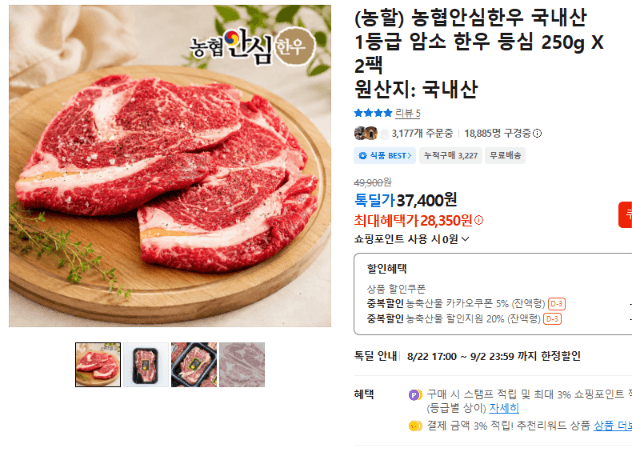 농협 안심한우 등심 250g 2팩